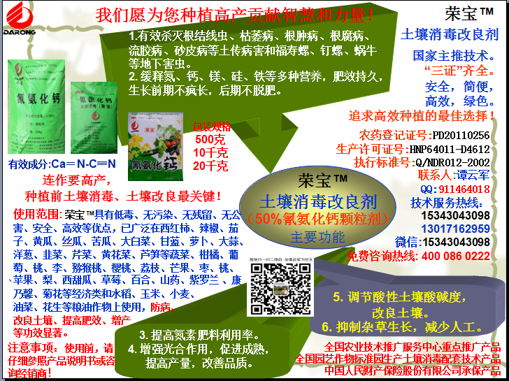 榮寶（氰氨化鈣）顆粒殺菌劑，土壤消毒、緩釋氮鈣營(yíng)養(yǎng)、肥料增效、土壤改良四效合一，殺滅根結(jié)線(xiàn)蟲(chóng)，防治根腫病、根腐病、枯萎病、流膠病、蓮藕腐敗病等土傳病害，殺滅福壽螺、釘螺等地下害蟲(chóng)，解決連作障礙